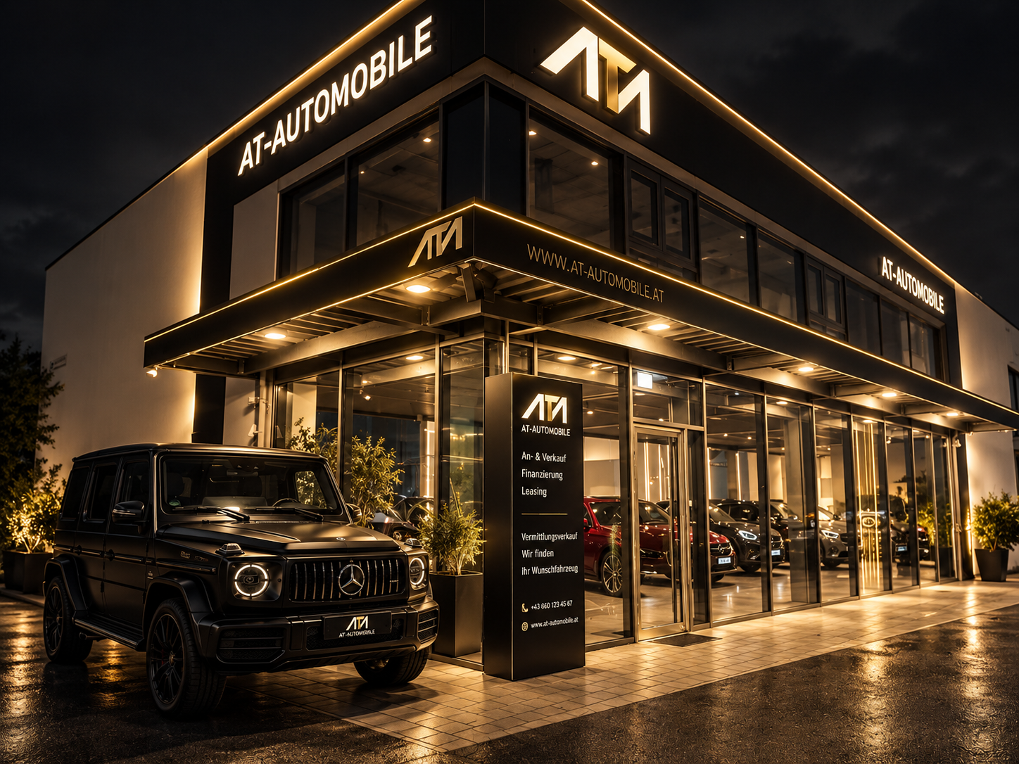 Beleuchtete Außenansicht von AT-Automobile mit Mercedes G-Klasse