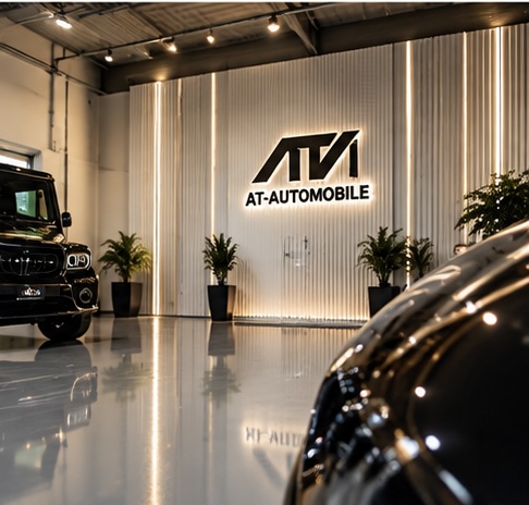 Empfangsbereich von AT-Automobile mit beleuchtetem Firmenlogo