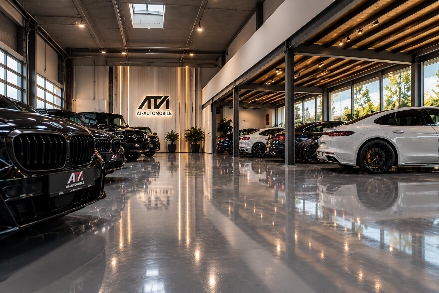 Innenansicht des AT-Automobile Showrooms mit Premiumfahrzeugen